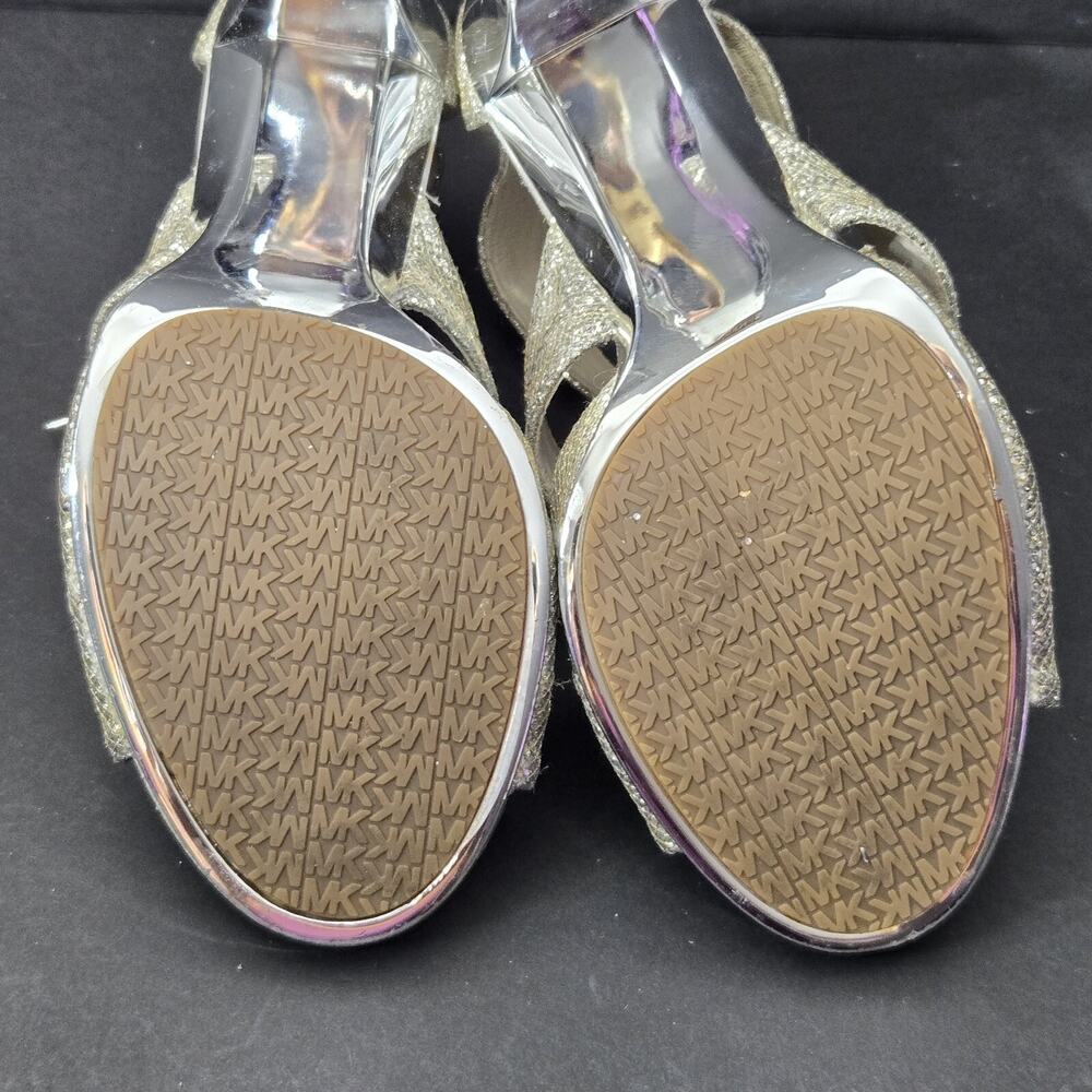 Michael Kors Women's Berkley Size 7.5 High Heel Silver Glitter Zip Sandal Shoes - Picture 15 of 16